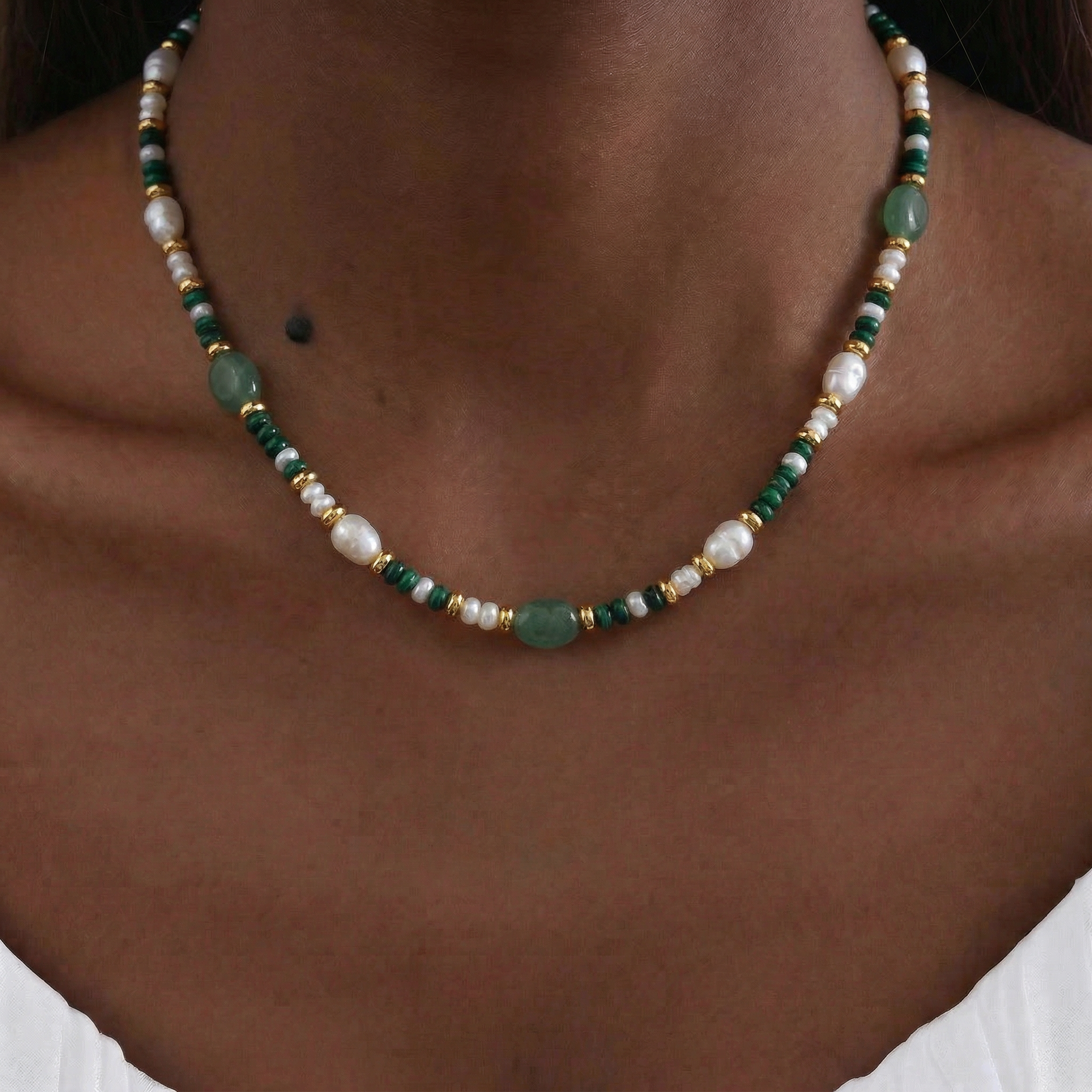 Malachite Green Jade Beads Necklace in 24K Gold Plated Copper