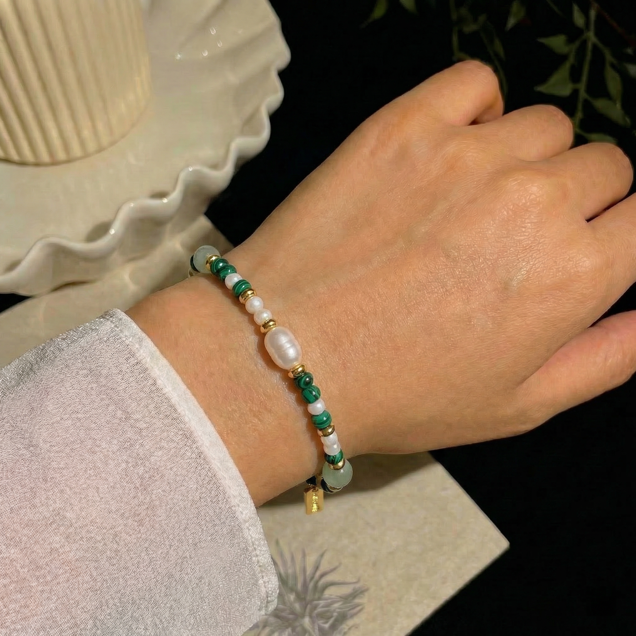 Malachite Green Jade Beads Bracelet in 24K Gold Plated Copper