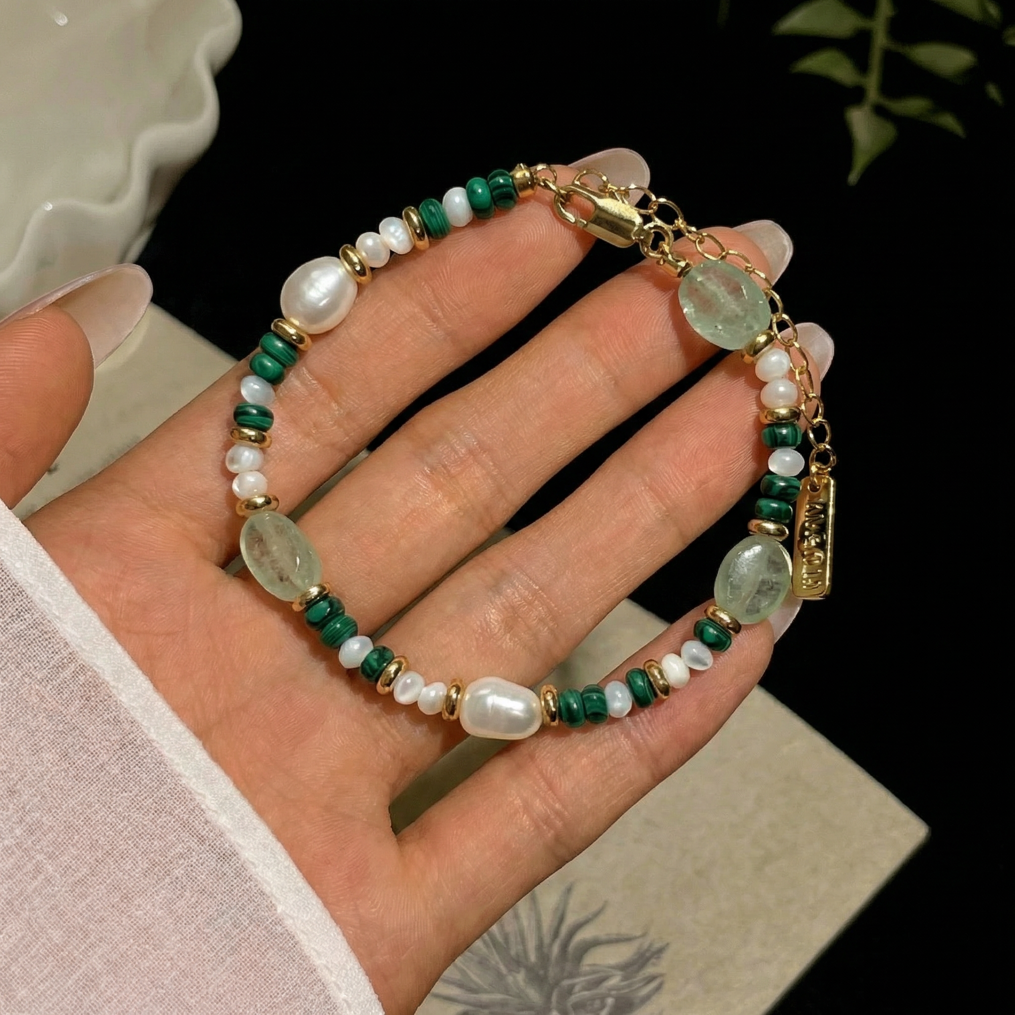 Malachite Green Jade Beads Bracelet in 24K Gold Plated Copper