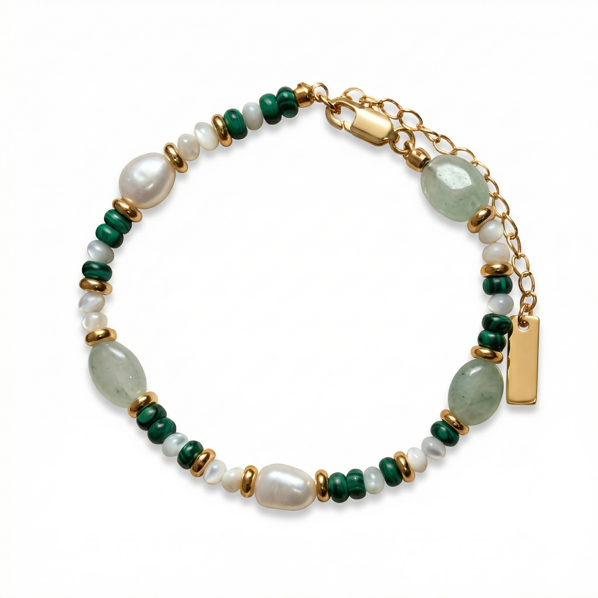 Malachite Green Jade Beads Bracelet in 24K Gold Plated Copper