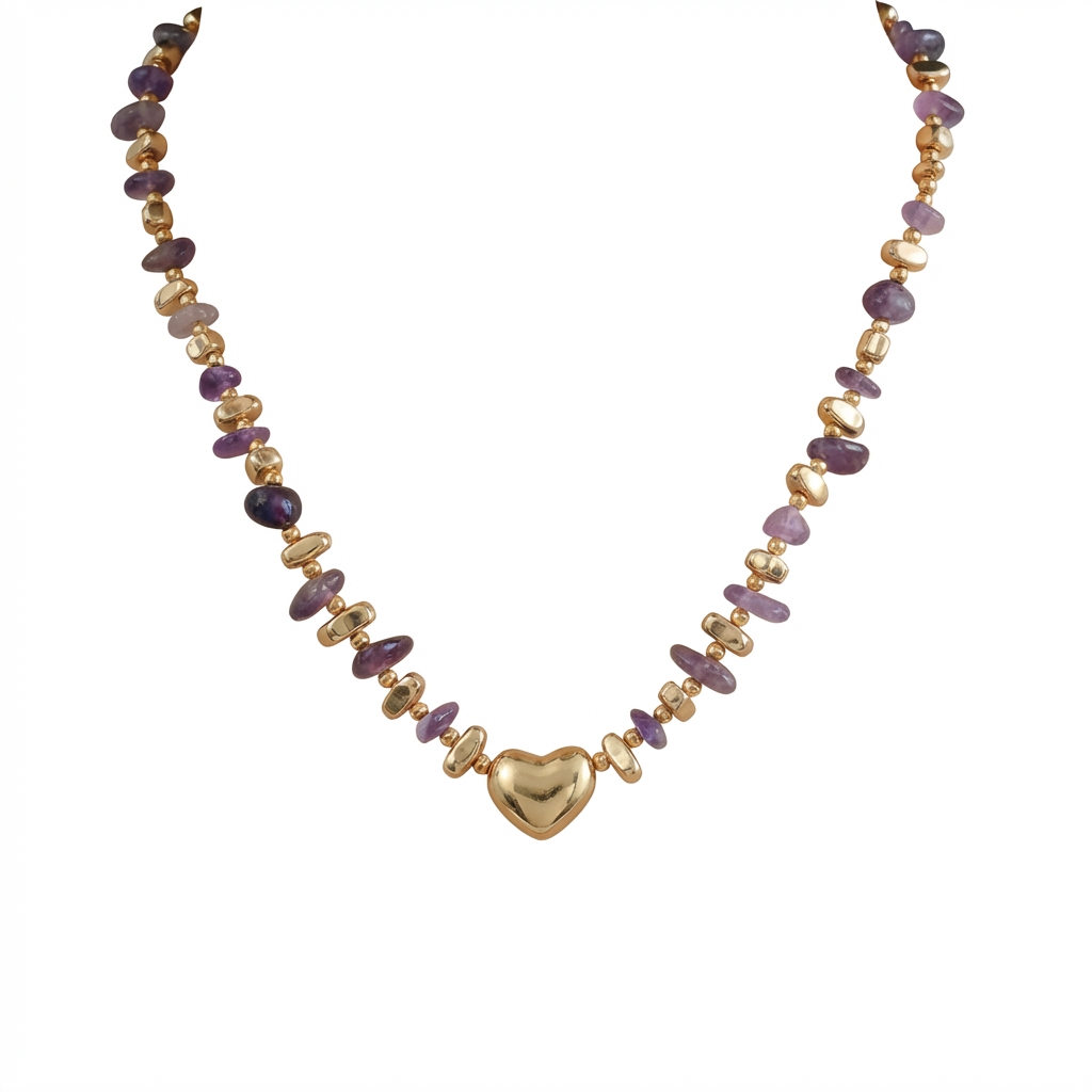Hand-Beaded Amethyst Necklace in 18K Gold-Plated Copper