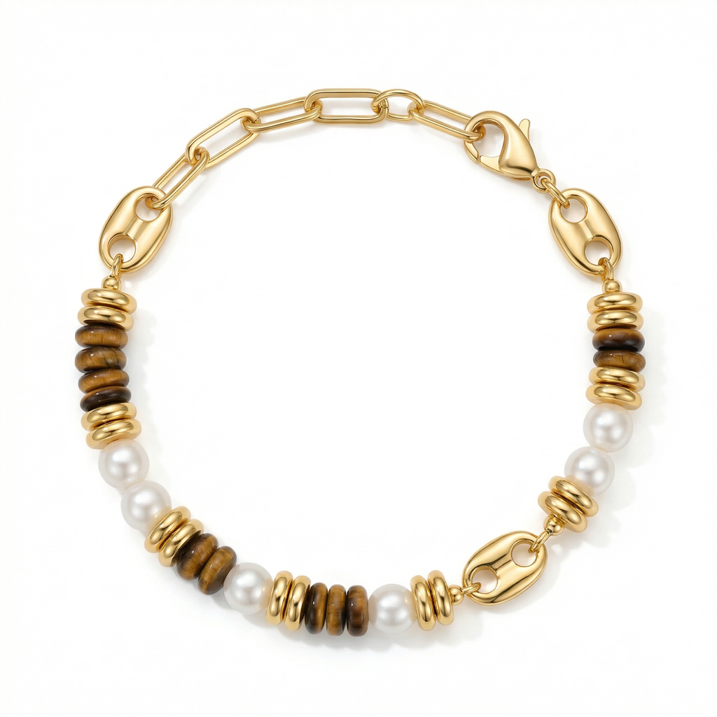 Tiger's Eye Pearl Accent Bracelet in 18K Gold-Plated Copper