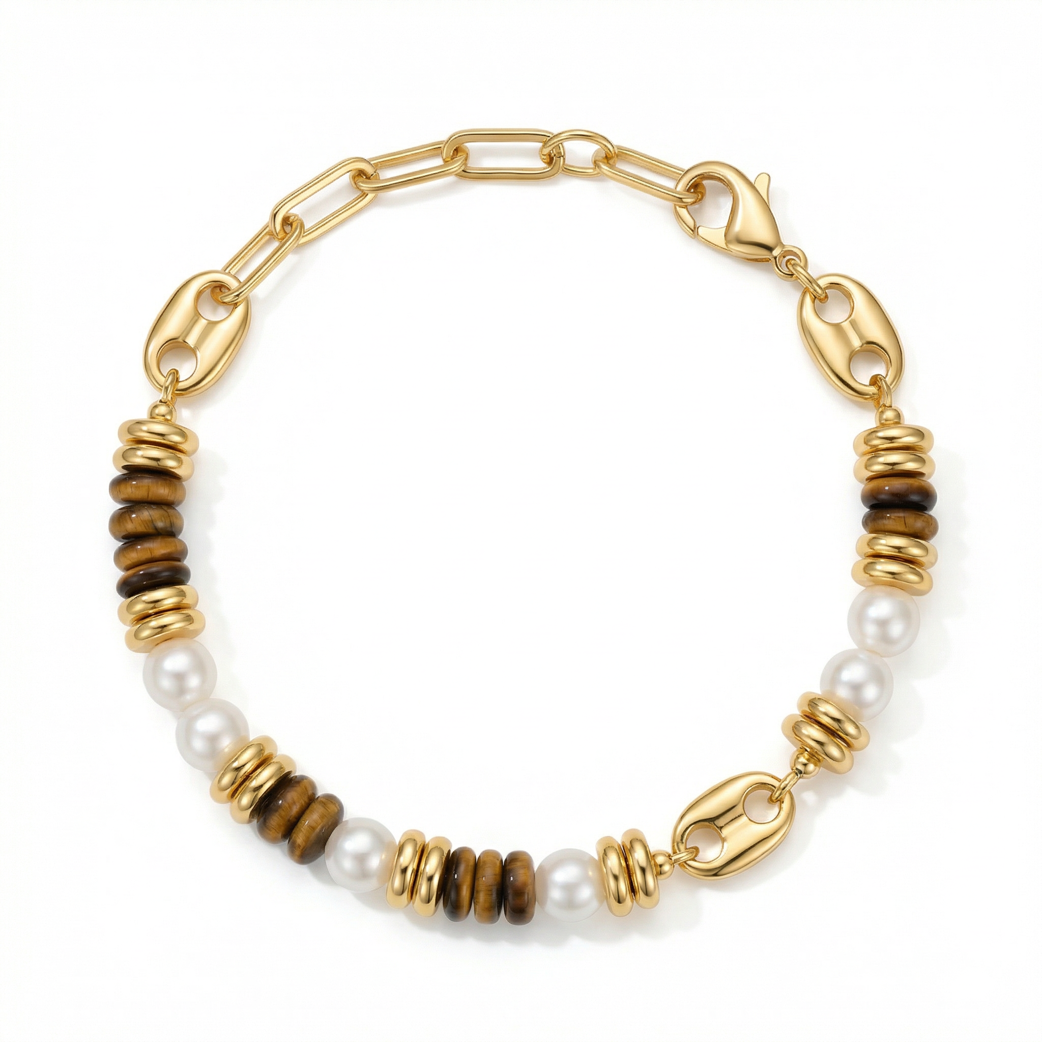 Tiger's Eye Pearl Accent Bracelet in 18K Gold-Plated Copper