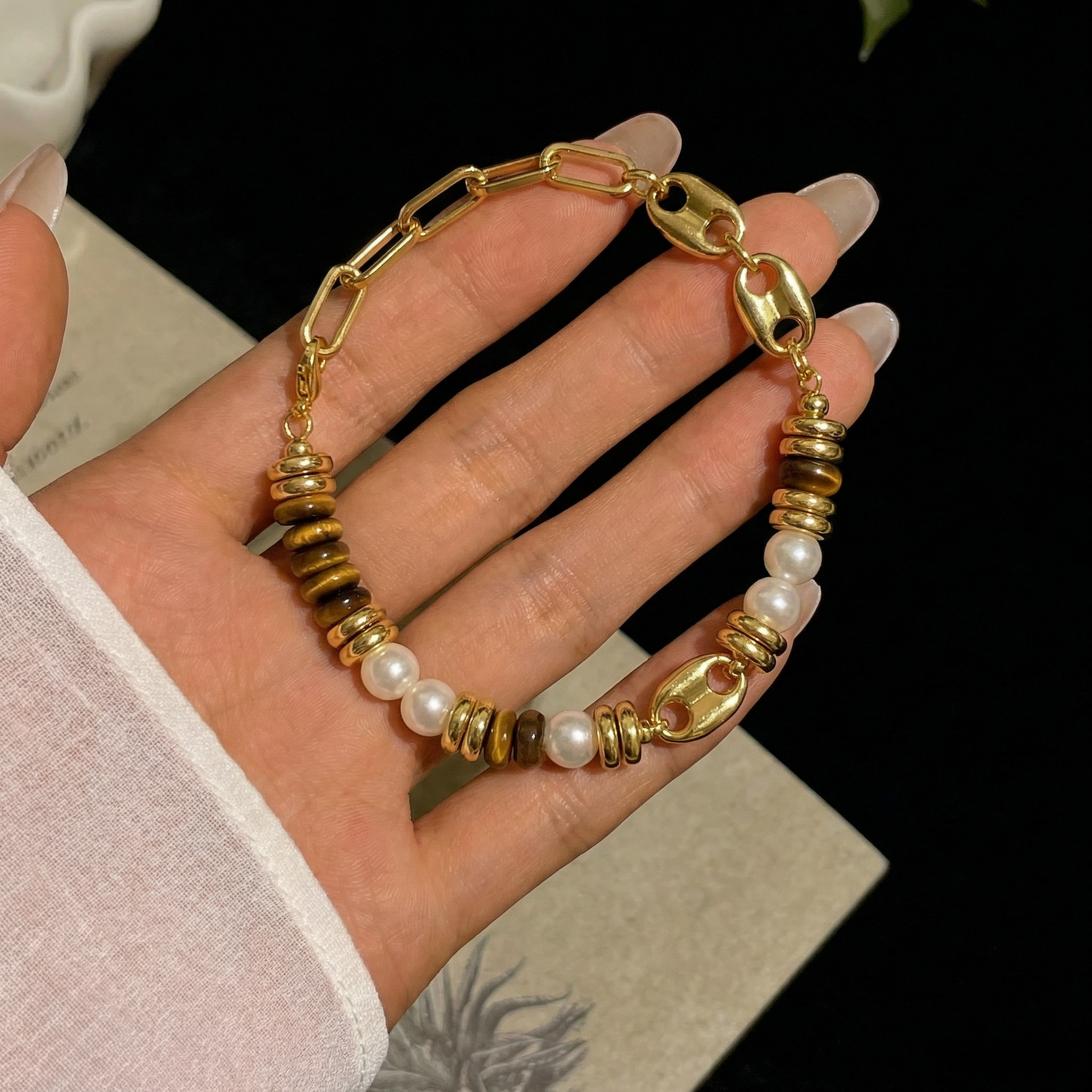 Tiger's Eye Pearl Accent Bracelet in 18K Gold-Plated Copper