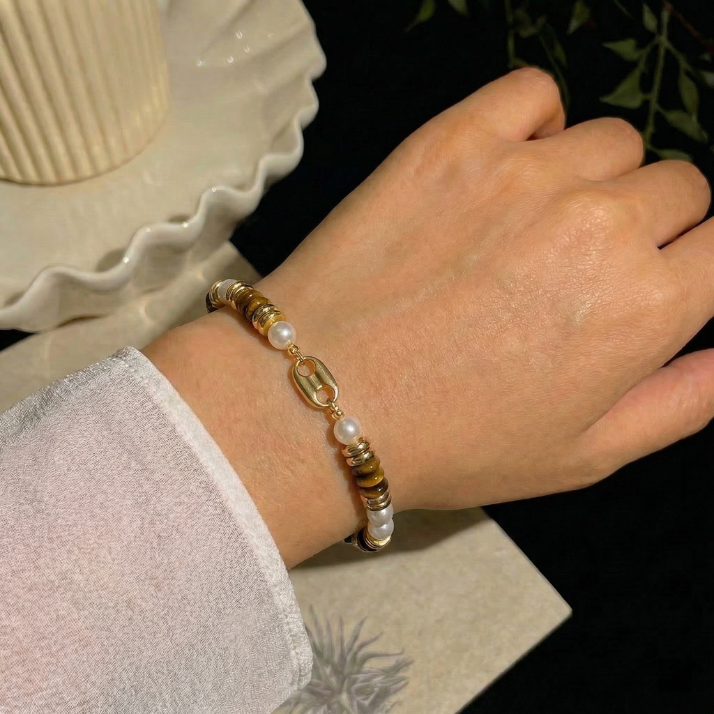 Tiger's Eye Pearl Accent Bracelet in 18K Gold-Plated Copper