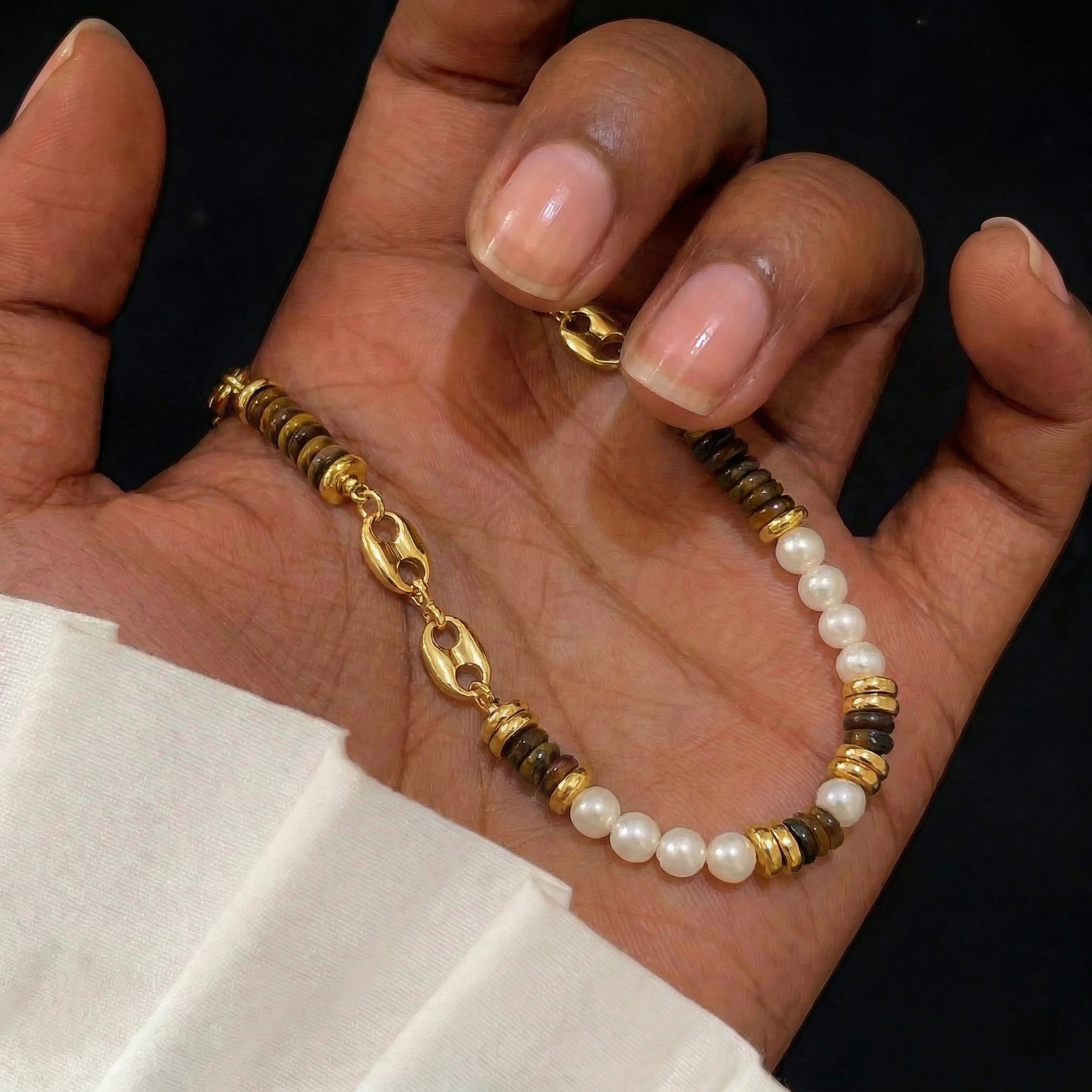 Tiger's Eye Pearl Accent Necklace in 18K Gold-Plated Copper