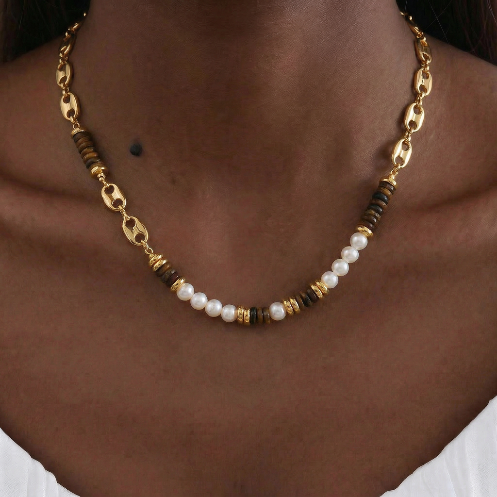 Tiger's Eye Pearl Accent Necklace in 18K Gold-Plated Copper
