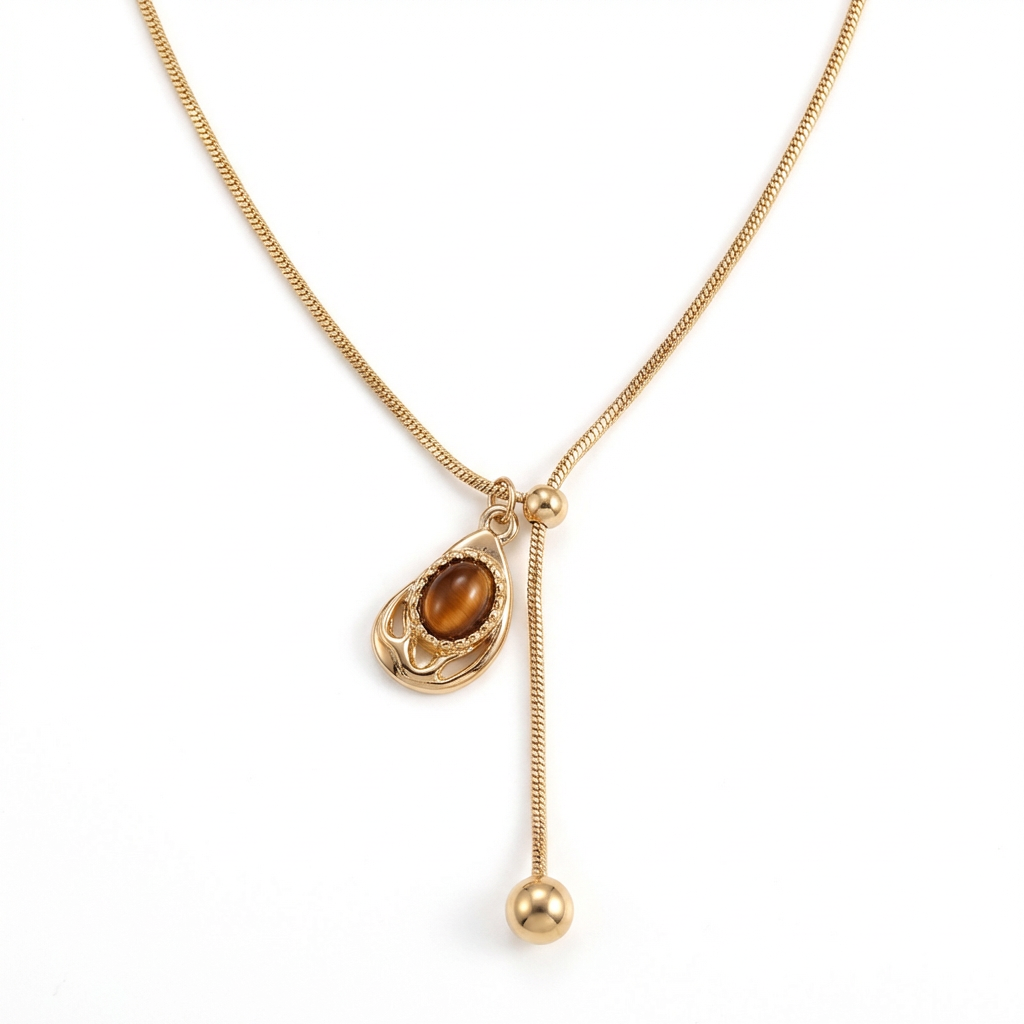 Tiger's Eye Teardrop Necklace in 18K Gold-Plated Copper