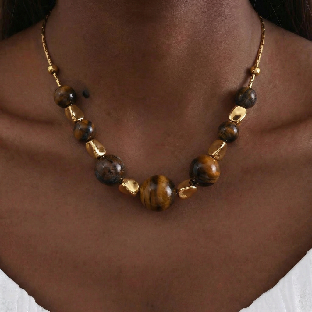 Tiger's S Eye Necklace in 18K Gold Plated Copper