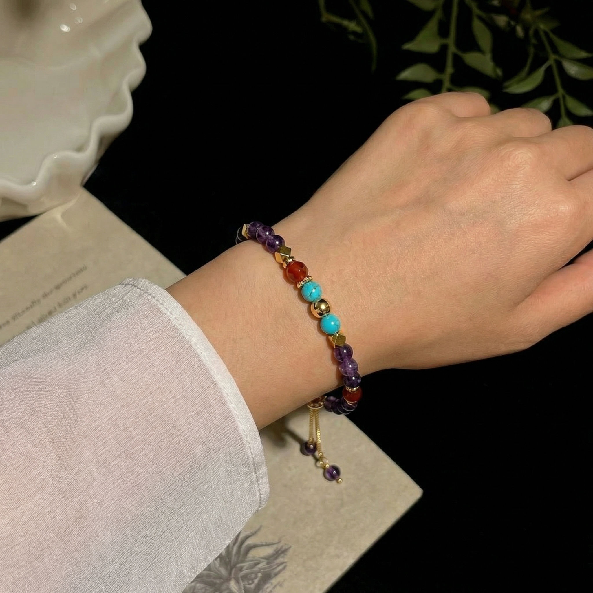 Amethyst, Carnelian & Turquoise Bracelet in 18K Gold-Plated Copper