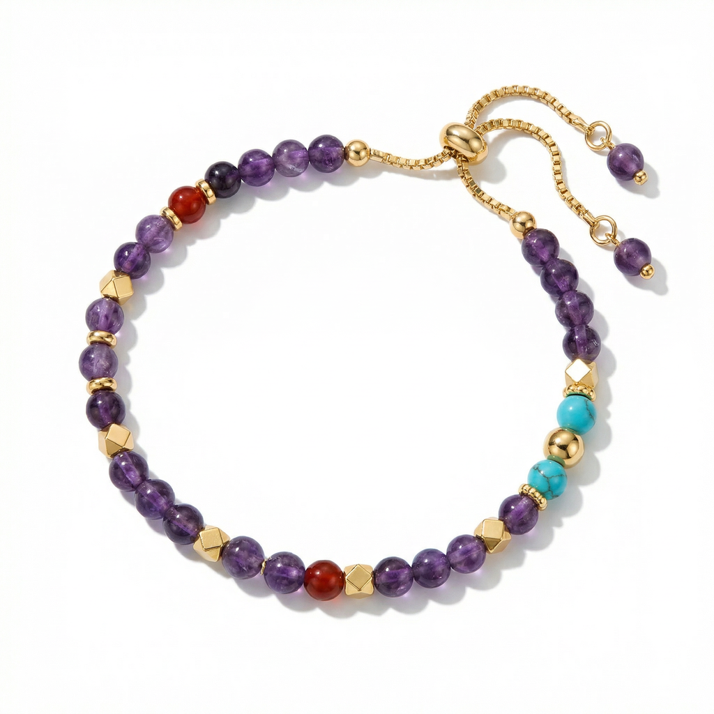 Amethyst, Carnelian & Turquoise Bracelet in 18K Gold-Plated Copper