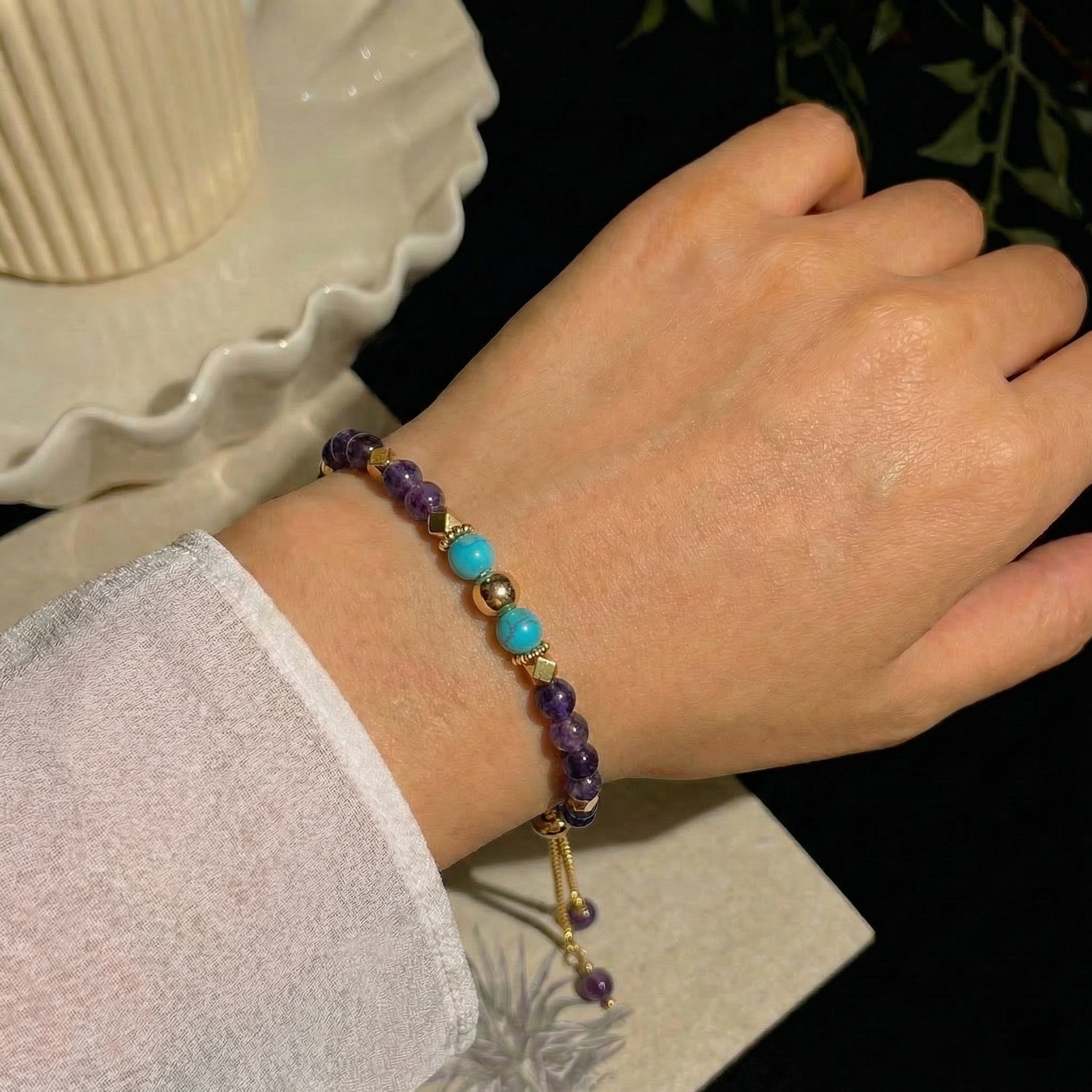 Amethyst, Carnelian & Turquoise Bracelet in 18K Gold-Plated Copper