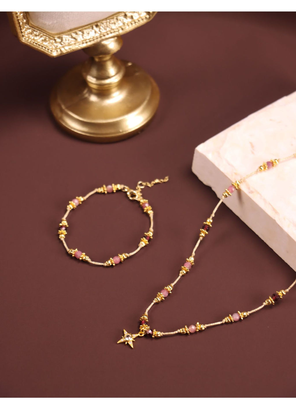 Pink Tourmaline Jewelry Set in 18K gold-plated copper