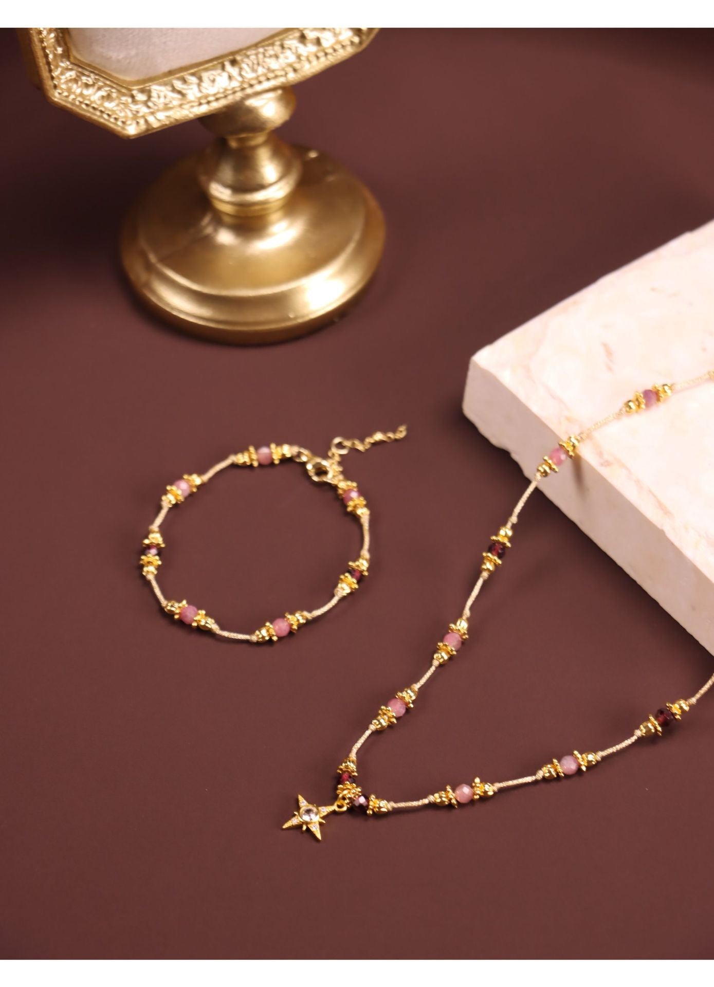 Pink Tourmaline Jewelry Set in 18K gold-plated copper