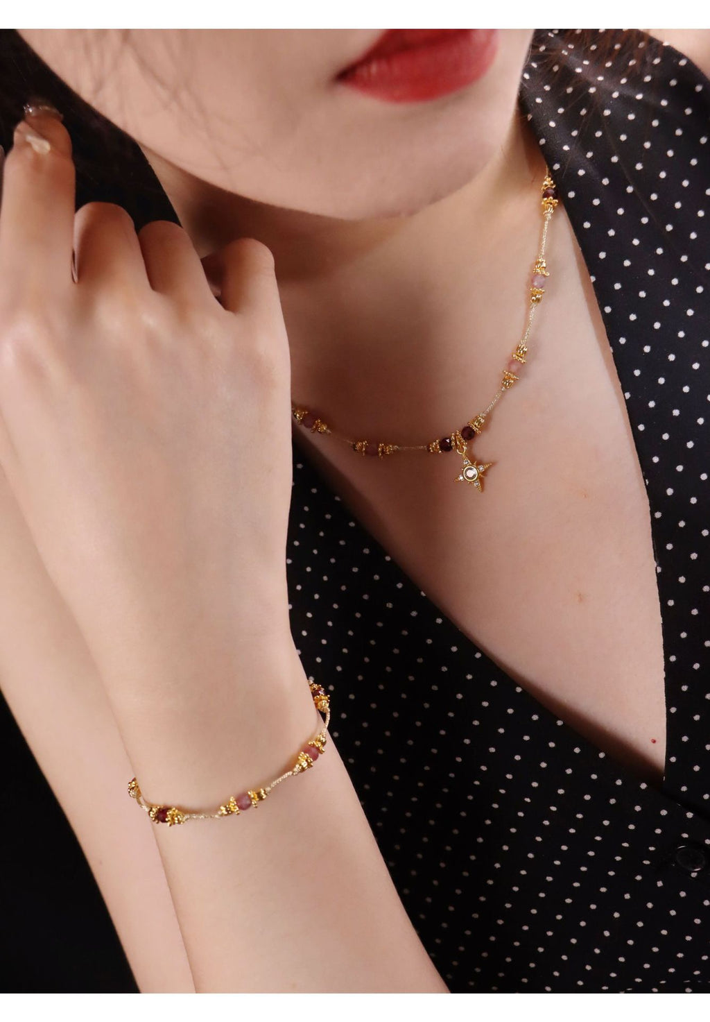 Pink Tourmaline Jewelry Set in 18K gold-plated copper