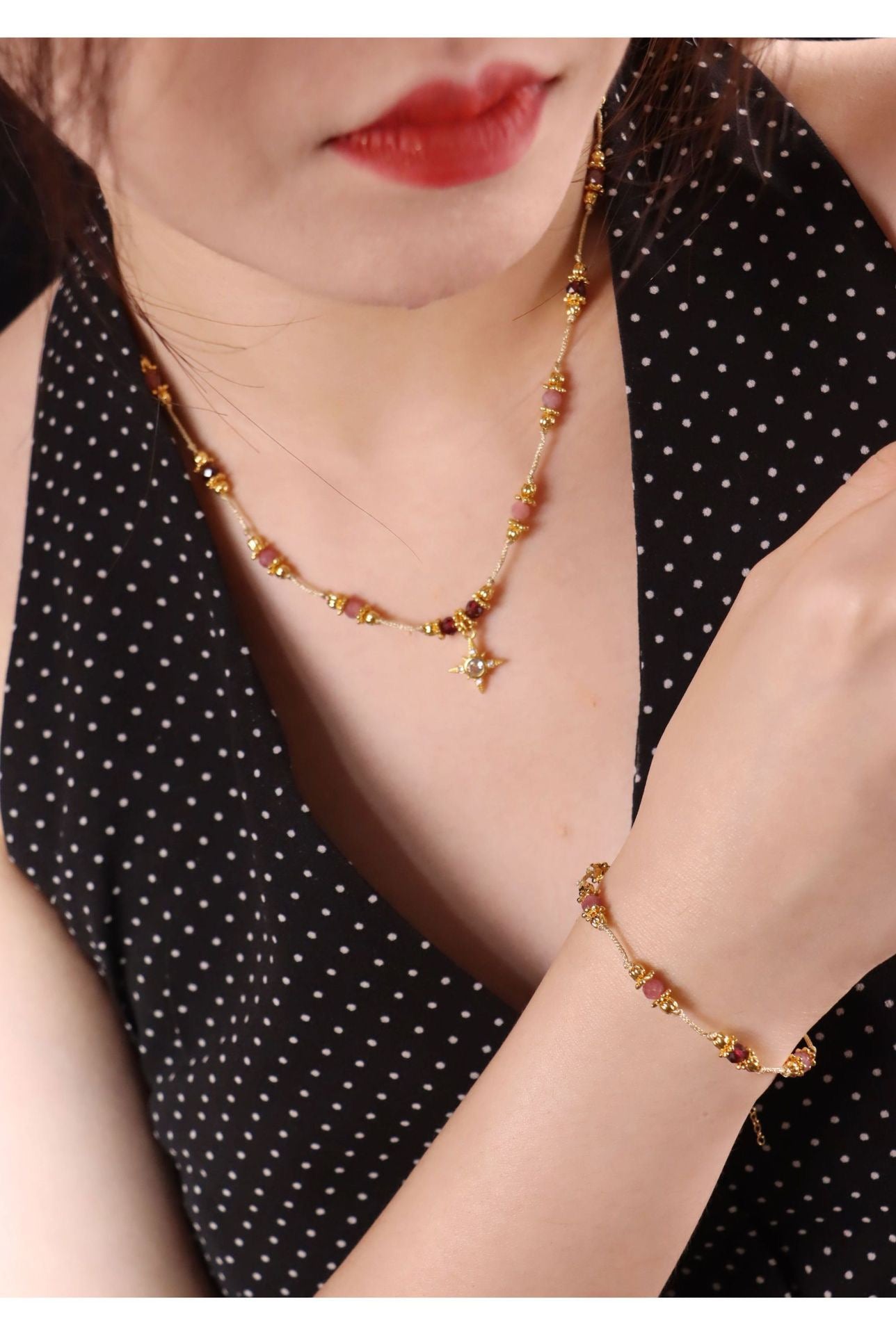 Pink Tourmaline Jewelry Set in 18K gold-plated copper