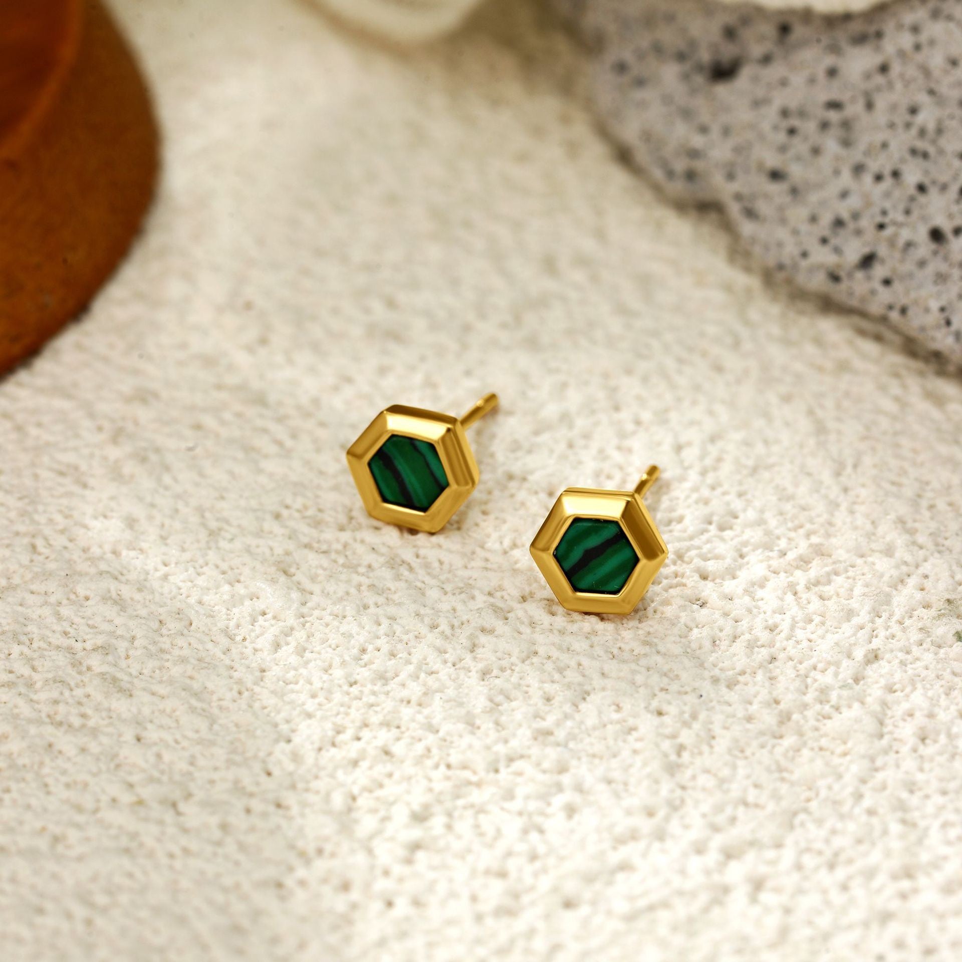 Malachite Earrings in 18K gold-plated copper