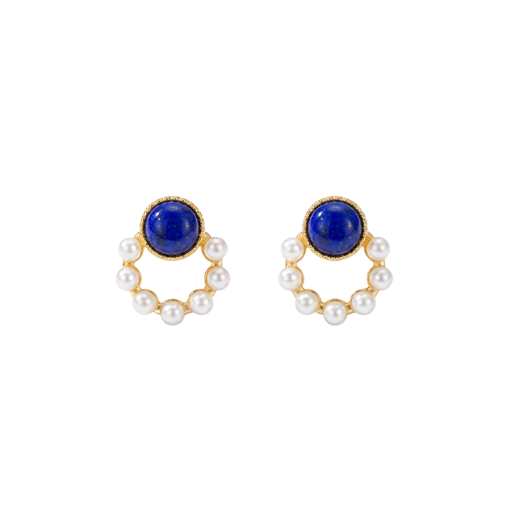 Pearl and Lapis Circle Stud Earrings in Gold Over Sterling Silver