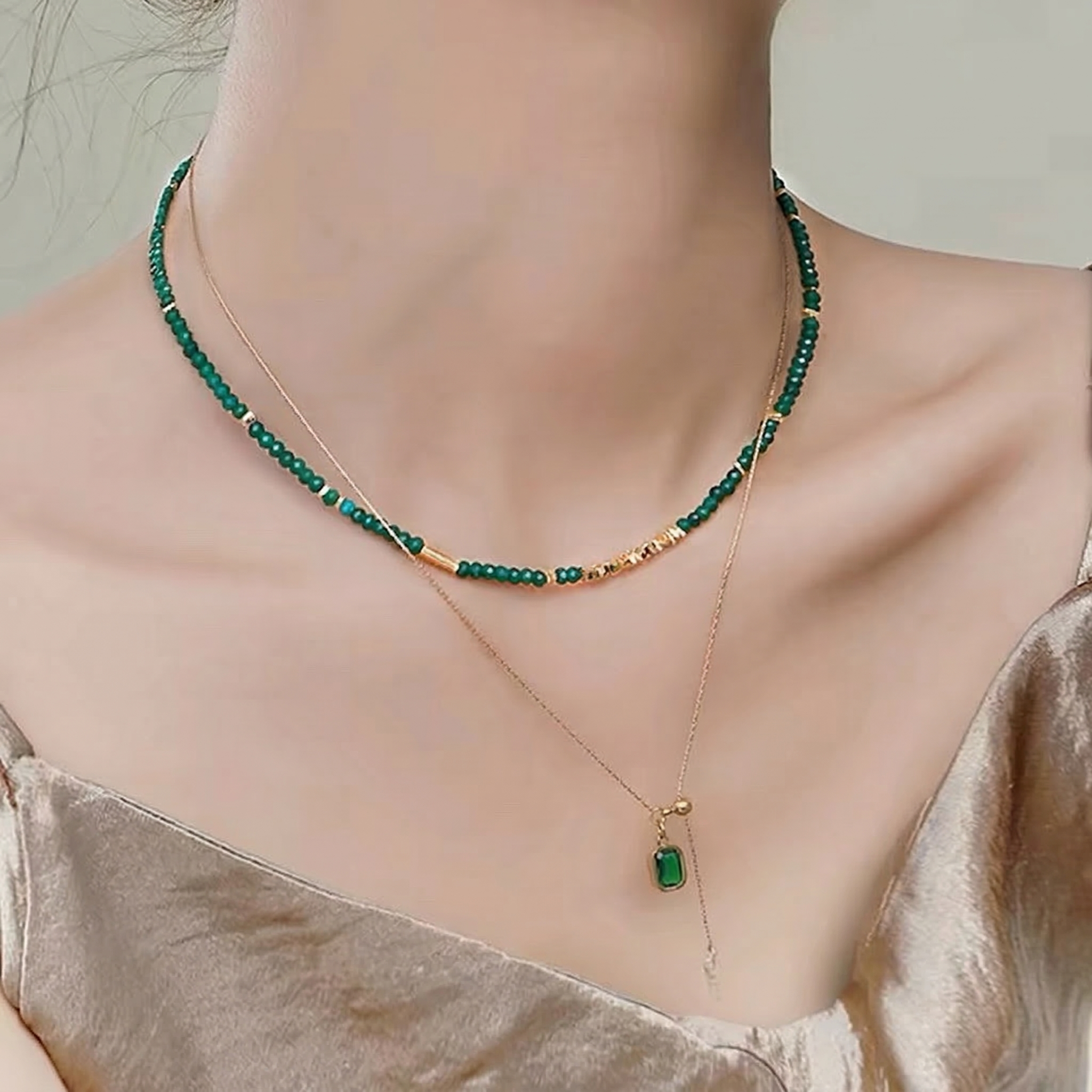 Green Chalcedony Jewelry Set in 18K Gold-Plated Copper