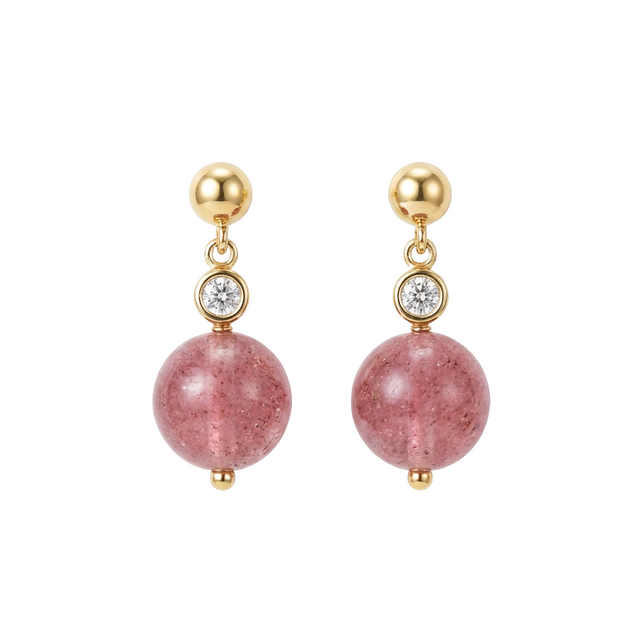 Strawberry Quartz Cubic Zirconia Earrings in 14K Gold Plated Metal