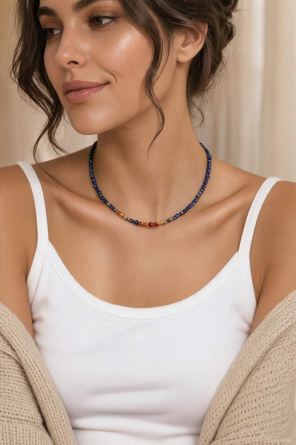 Lapis Lazuli, Carnelian & Turquoise Necklace in 18K Gold-Plated Copper