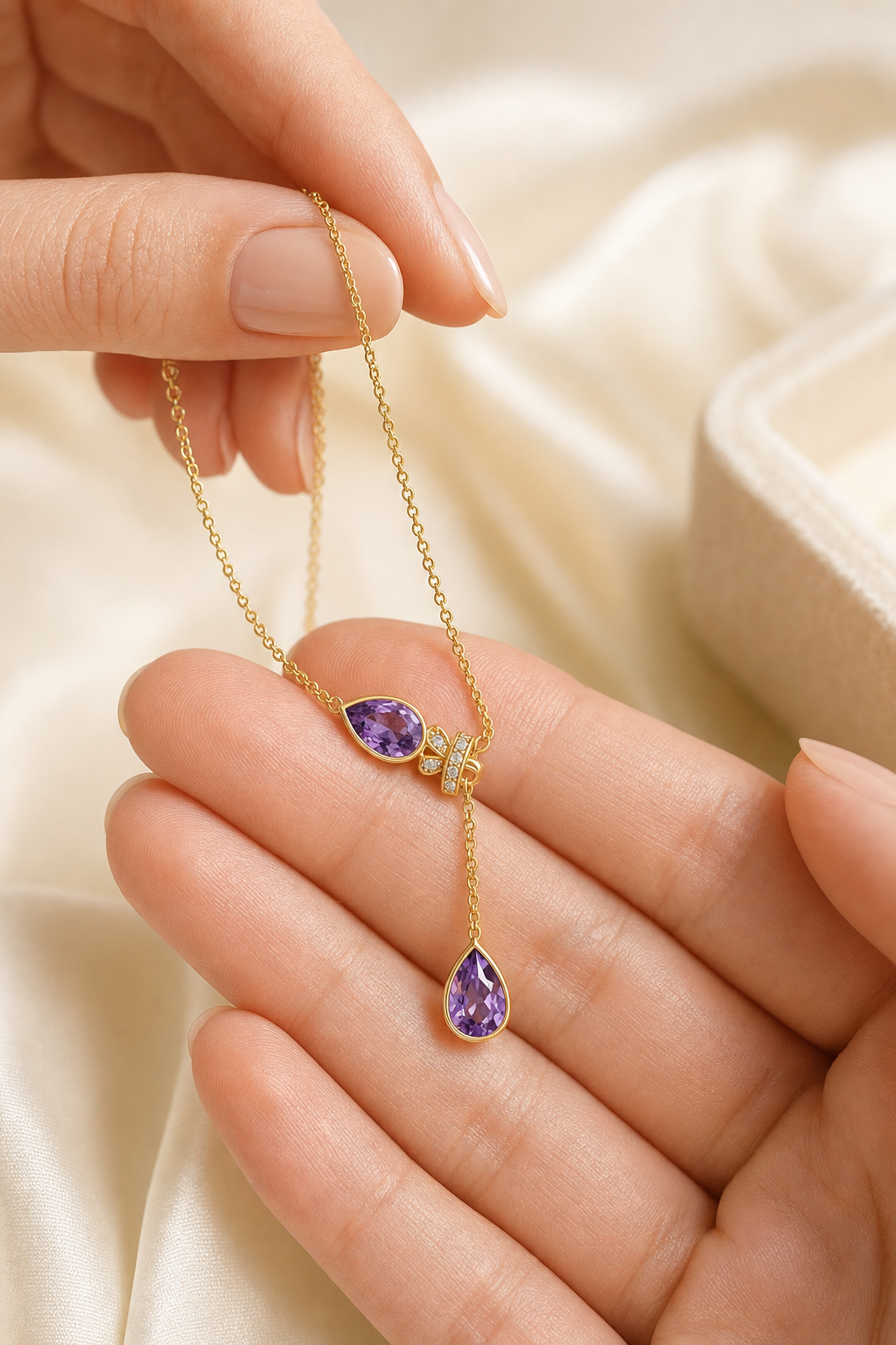 Heart Bead Drop Necklace in Clear Crystal or Amethyst