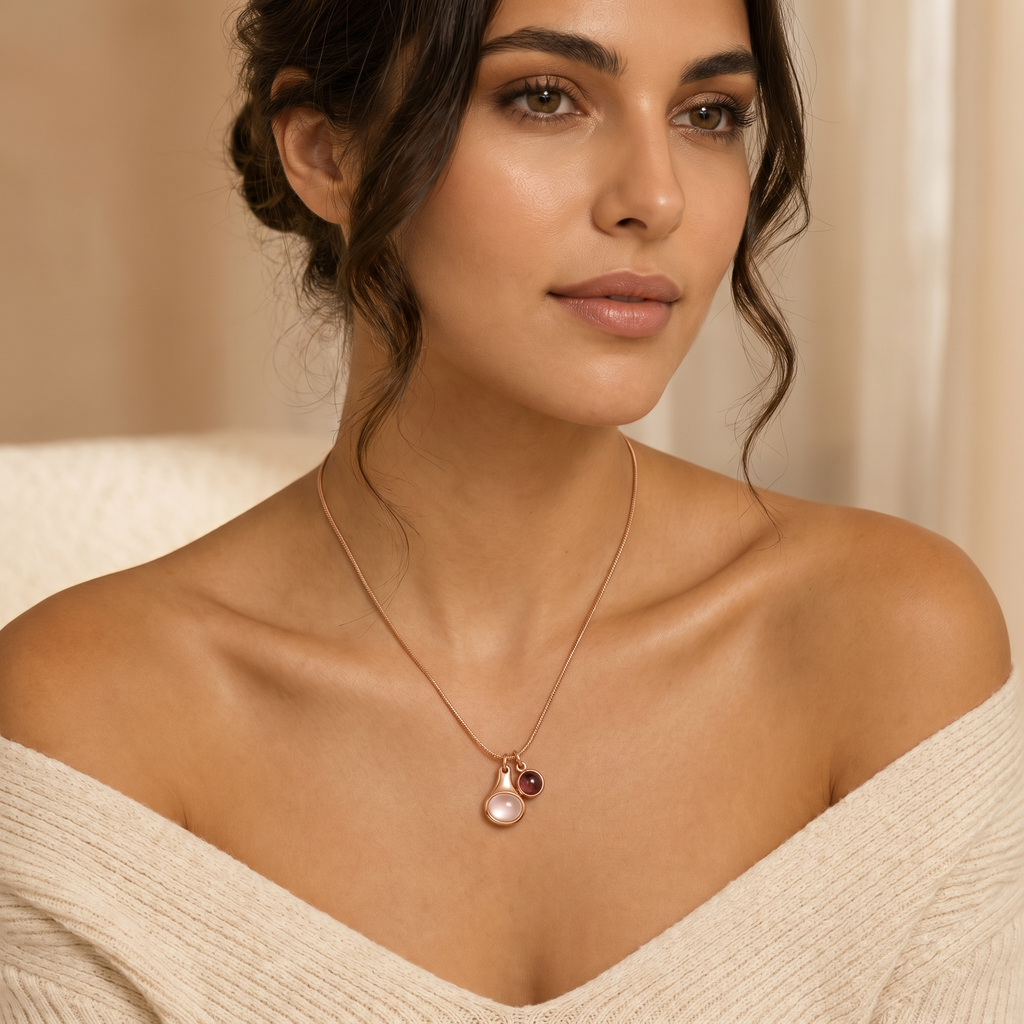 Rose Quartz & Strawberry Quartz Necklace in 18K Gold-Plated Copper