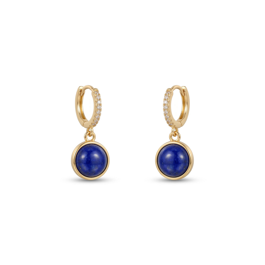 Deep Blue Round Bead Drop Hoop Earrings in 18K Gold Plated Copper