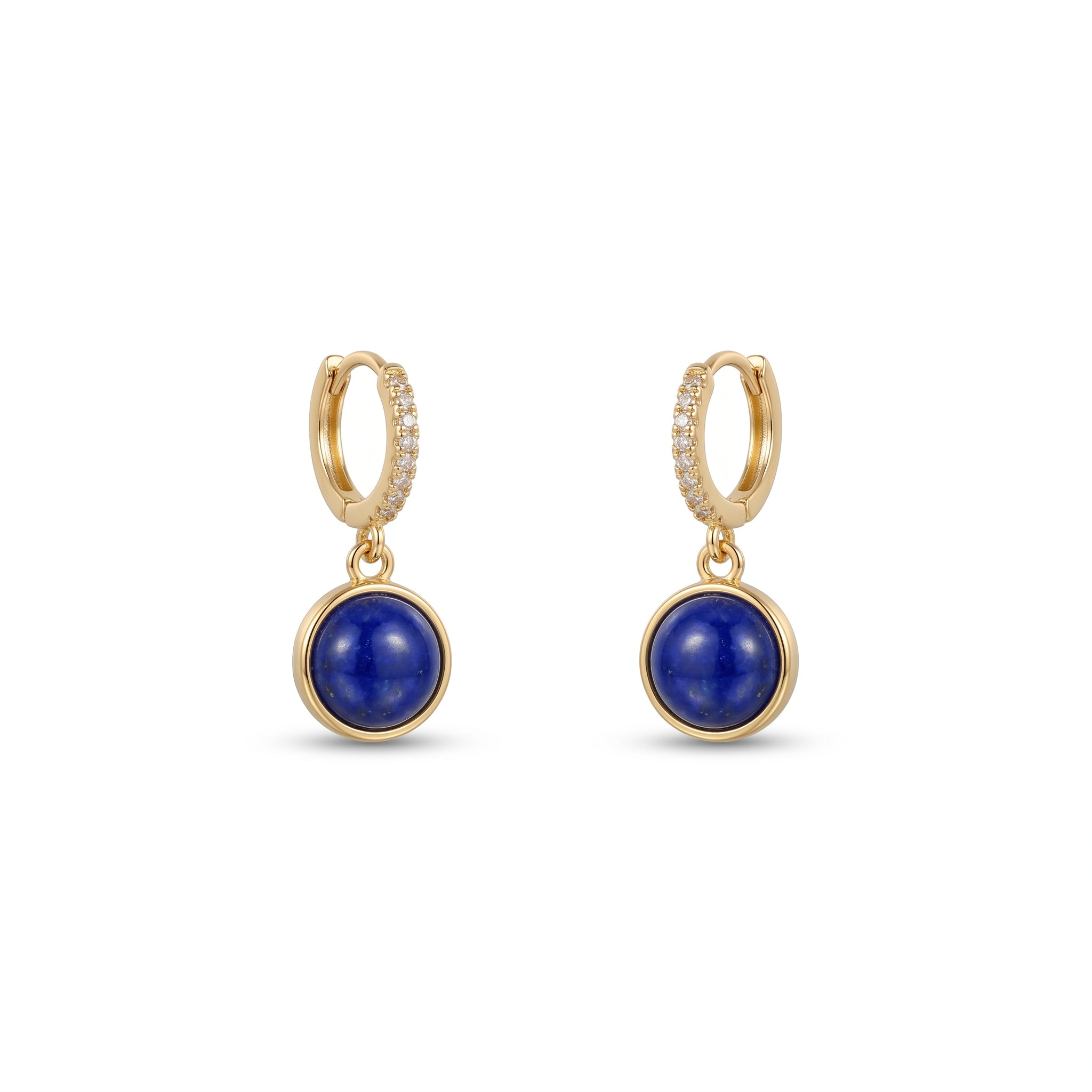 Deep Blue Round Bead Drop Hoop Earrings in 18K Gold Plated Copper