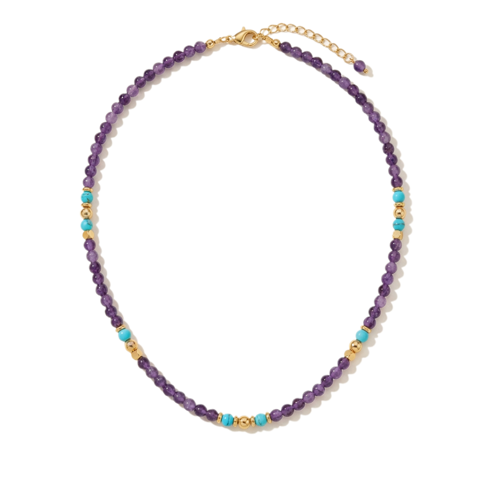 Amethyst, Carnelian & Turquoise Necklace in 18K Gold-Plated Copper