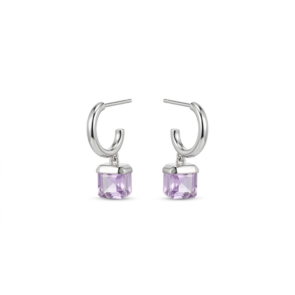 Silver Amethyst Square Drop Hoop Earrings