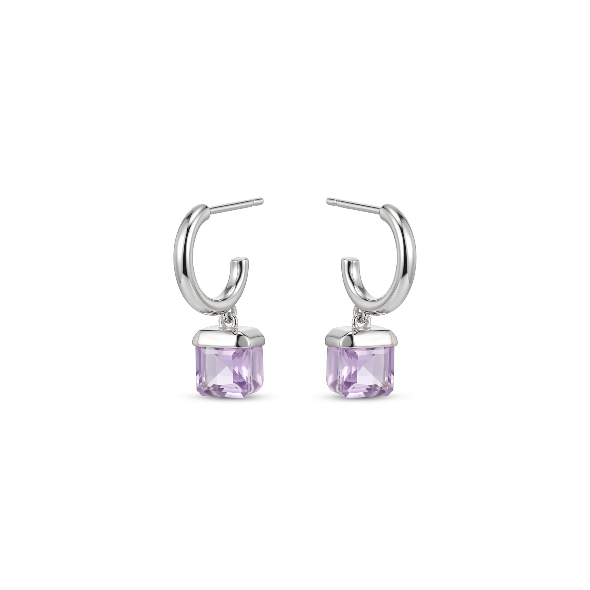 Silver Amethyst Square Drop Hoop Earrings