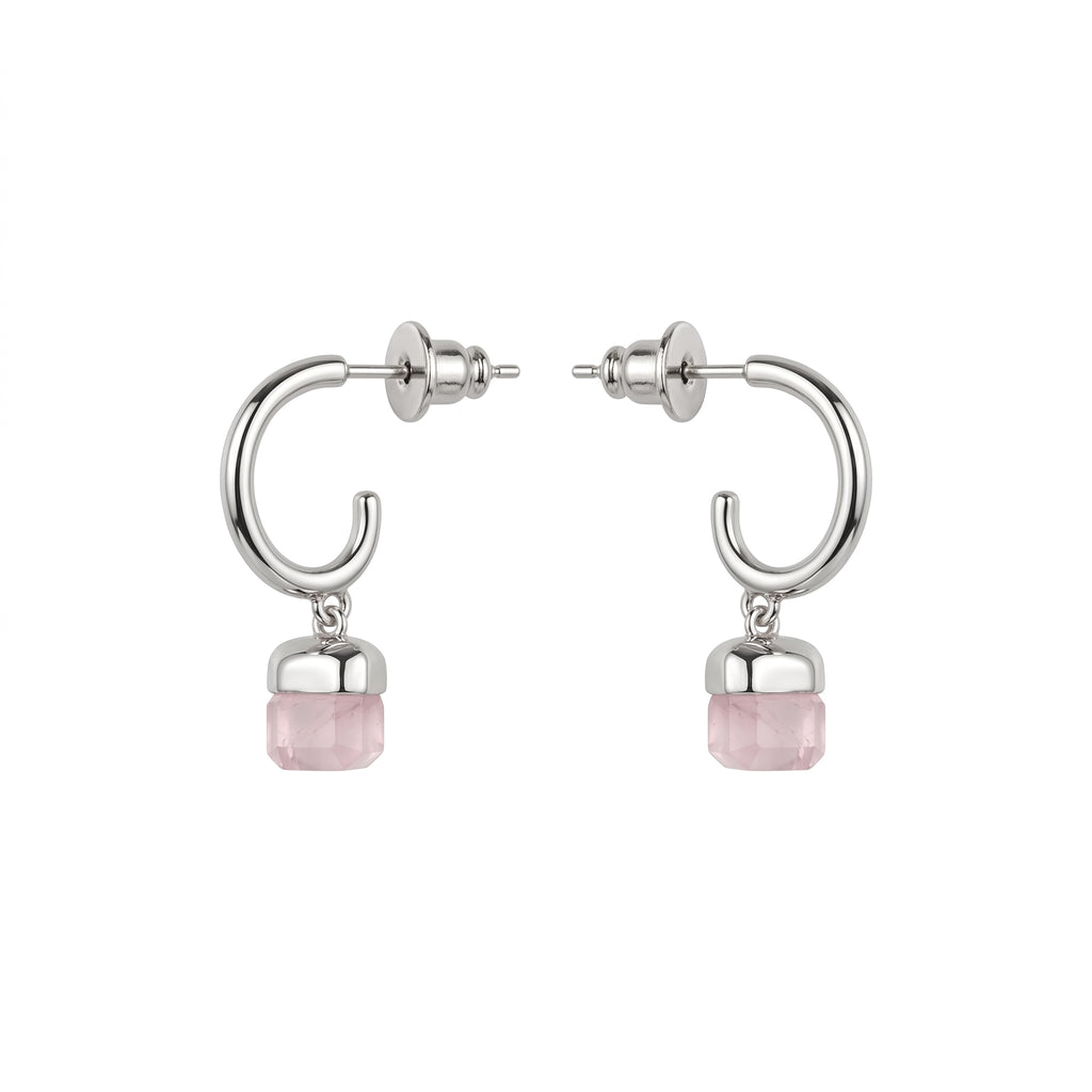 Silver Rose Quartz Square Drop Hoop Earrings