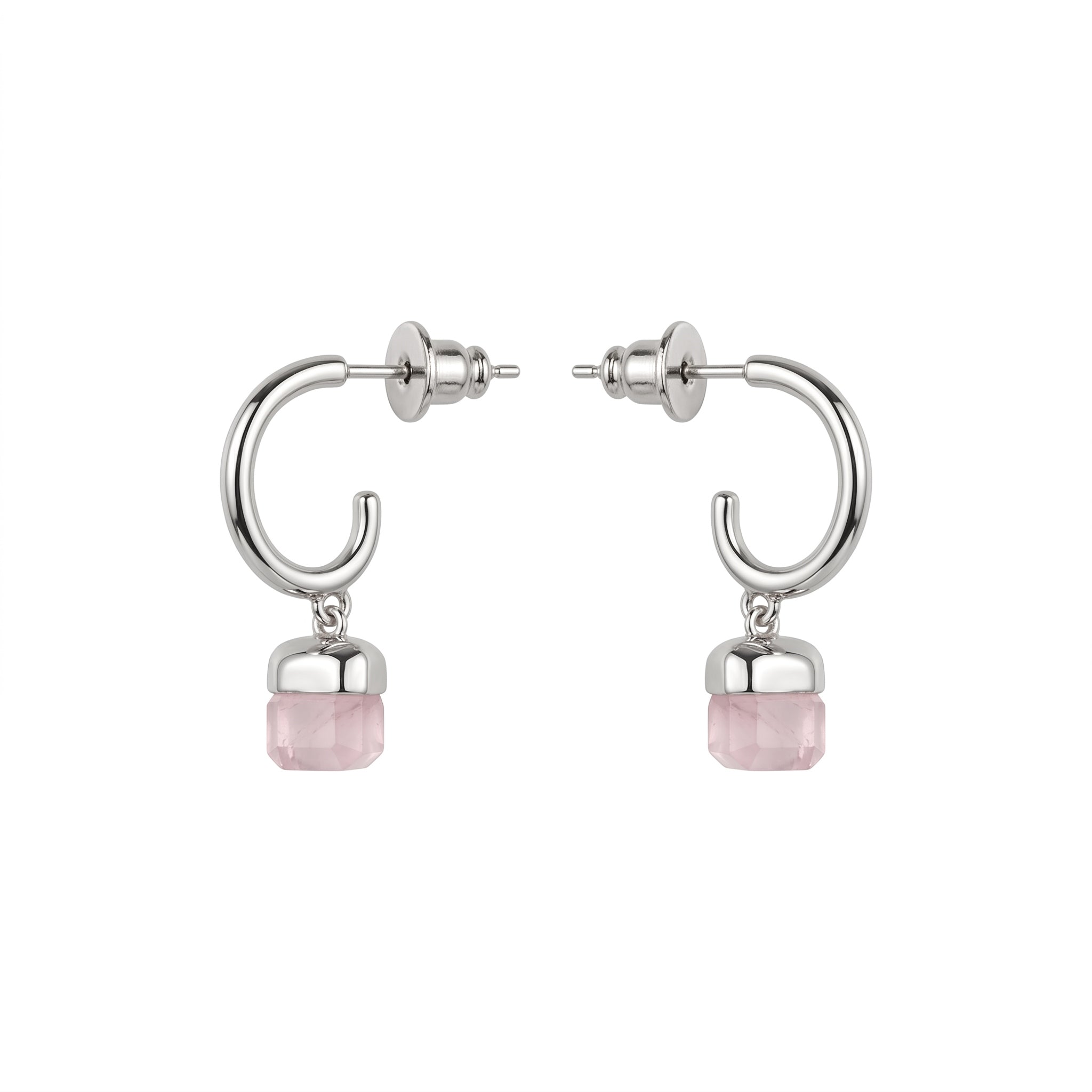 Silver Rose Quartz Square Drop Hoop Earrings