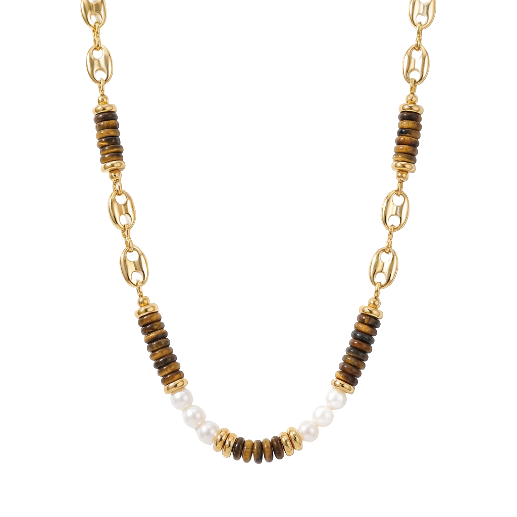 Tiger's Eye Pearl Accent Necklace in 18K Gold-Plated Copper